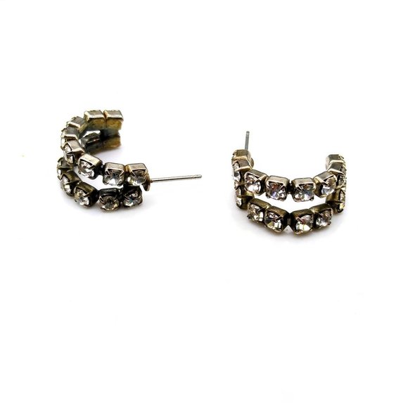 Vintage Glam Split Hoop Earrings, Double Crystal Encrusted Hoops in Silver Tone - Picture 3 of 3